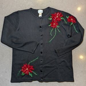Quacker Factory Black Cardigan with Red Floral Accents